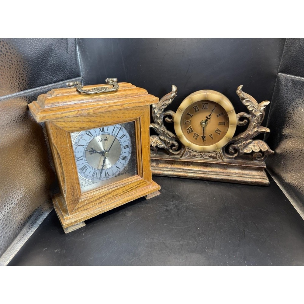 Vintage Mantel Clock Lot York Wood + Ornate Decorative Clock Untested